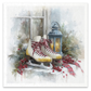 A watercolor-style holiday still life featuring a pair of cream and yellow ice skates with red laces, a blue lantern, evergreen branches, red berries, and a red plaid ribbon on a snowy windowsill.