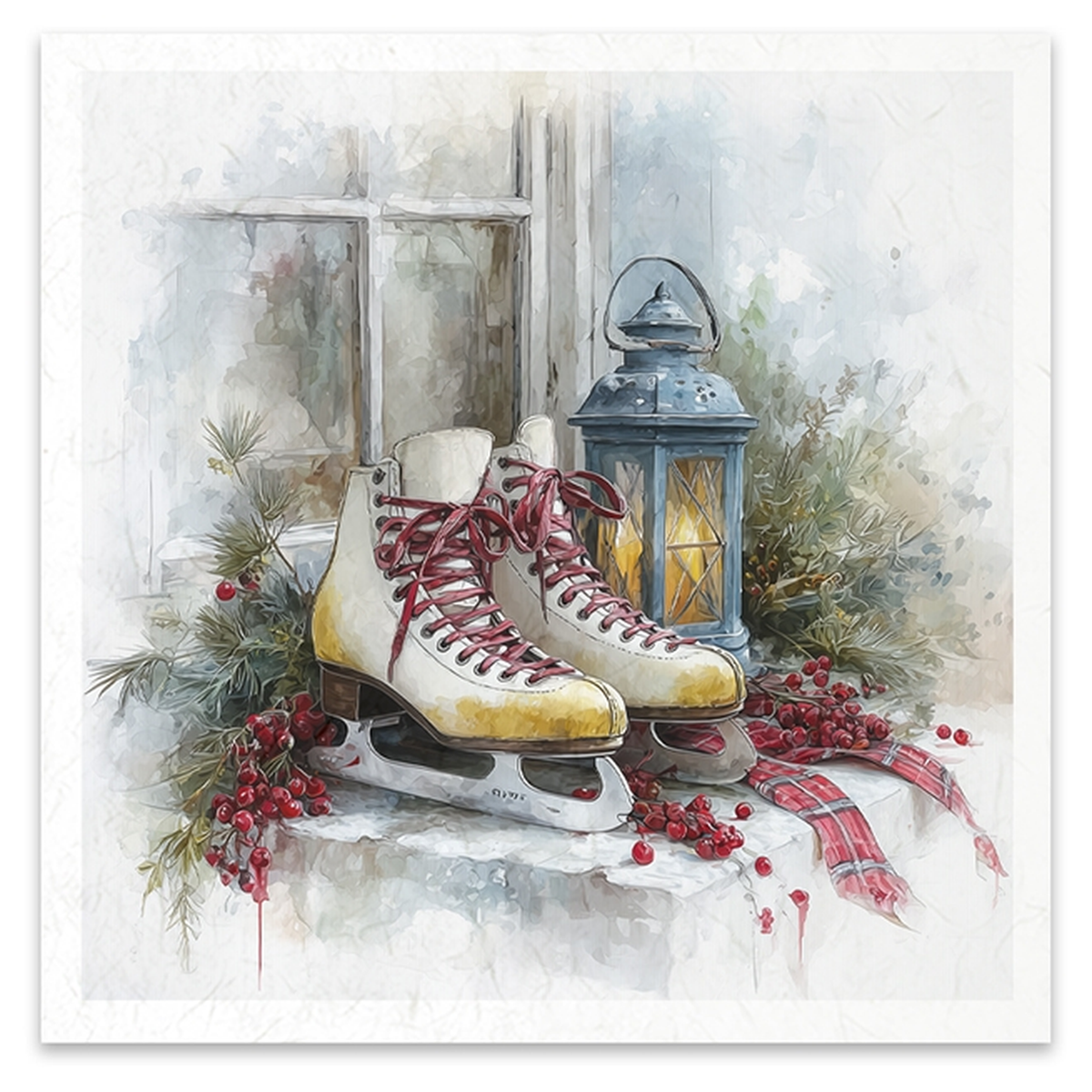 A watercolor-style holiday still life featuring a pair of cream and yellow ice skates with red laces, a blue lantern, evergreen branches, red berries, and a red plaid ribbon on a snowy windowsill.