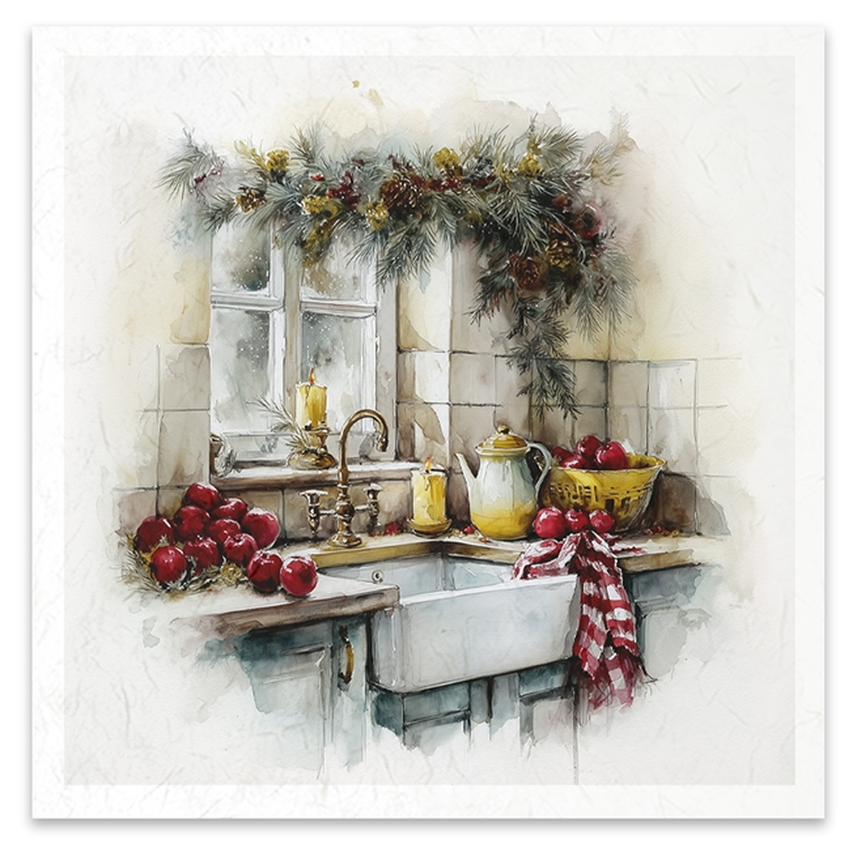A watercolor-style kitchen scene with a window, sink, teapot, bowls of red apples, and a garland with pinecones and berries above the counter. 