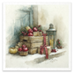 Image depicting a cozy autumn still life on a snowy porch. The scene includes a wooden crate filled with red apples and evergreen branches, a small pumpkin, a wrapped gift box with a red plaid ribbon, pinecones, and a lantern.