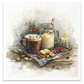 A watercolor-style still life image showing a mug with whipped cream and a candy cane, a mason jar filled with a yellow drink and red-and-white striped straw, cookies on a plaid napkin, evergreen branches with red berries, and a lit candle on a rustic table.