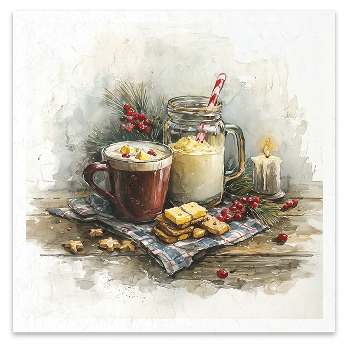 A watercolor-style still life image showing a mug with whipped cream and a candy cane, a mason jar filled with a yellow drink and red-and-white striped straw, cookies on a plaid napkin, evergreen branches with red berries, and a lit candle on a rustic table.