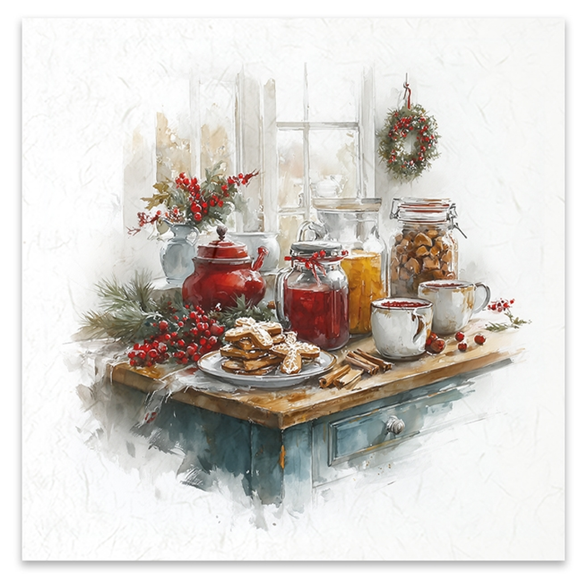 A watercolor-style holiday still life image showing a countertop with a red teapot, glass jars, mugs, cookies, cinnamon sticks, berries, and a wreath near a window.