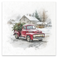 A watercolor-style image depicting a vintage red pickup truck carrying a Christmas tree, parked in a snowy village with houses and bare trees in the background.