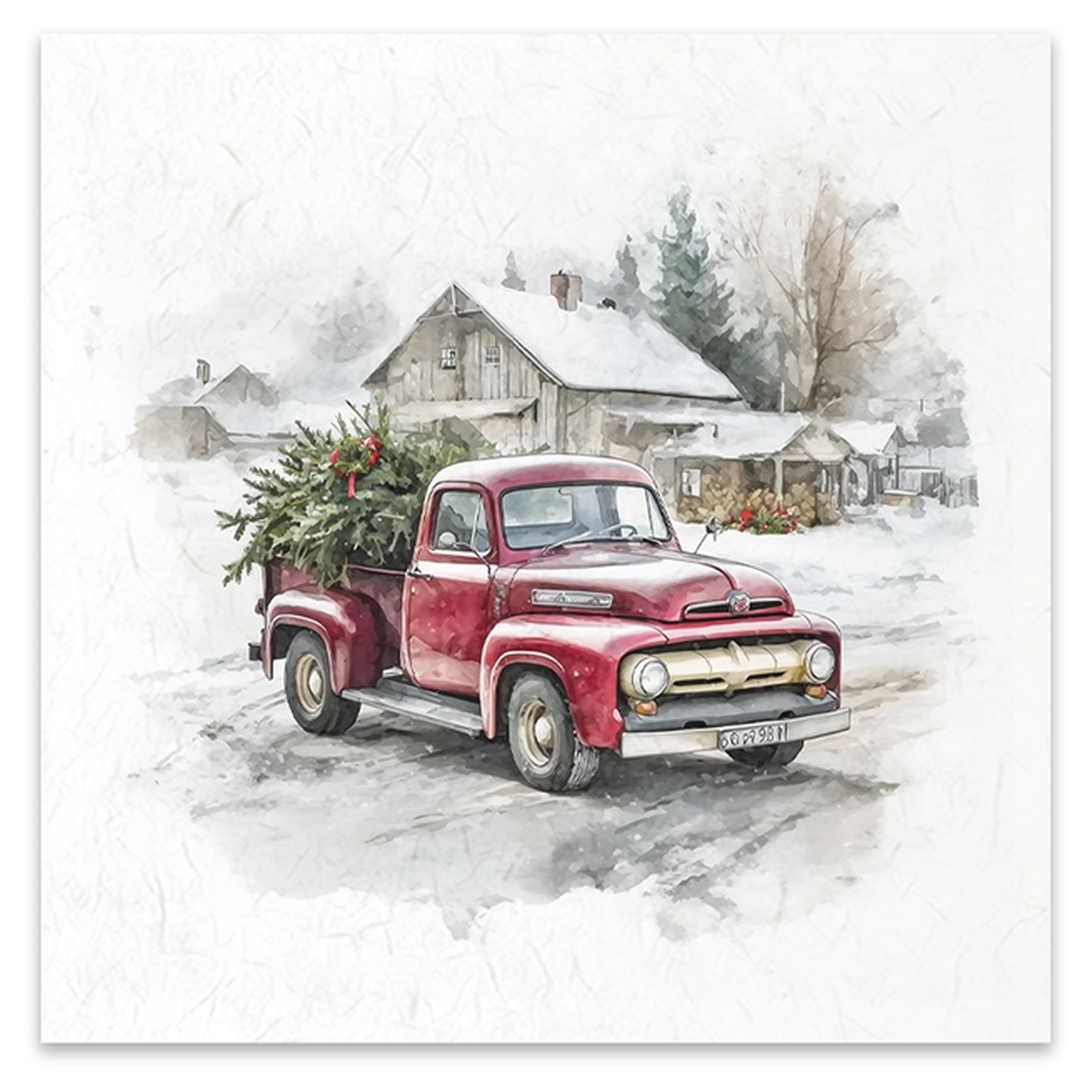 A watercolor-style image depicting a vintage red pickup truck carrying a Christmas tree, parked in a snowy village with houses and bare trees in the background.