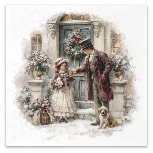A watercolor-style image depicting a snowy winter scene at a front door, with a young girl in a cream dress holding a small white rabbit, a man in a brown coat and top hat standing beside her, and a small dog at their feet. 
