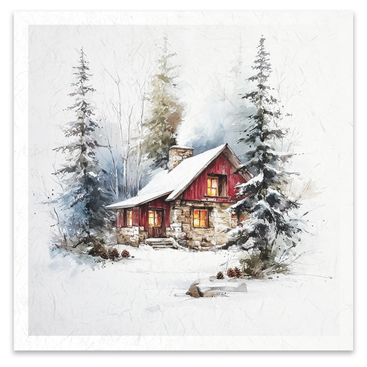 Square image of a cabin in a snowy setting surrounded by pine trees.