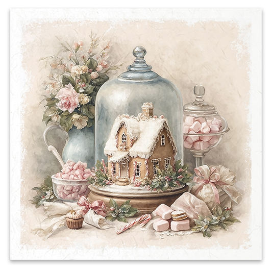 Still life display of ginger bread house under a glass cloche with flowers in a jug and pink macarons on a set table.
