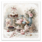 Image of candies, cakes and cookies on a set table display in shades of pink and blue.