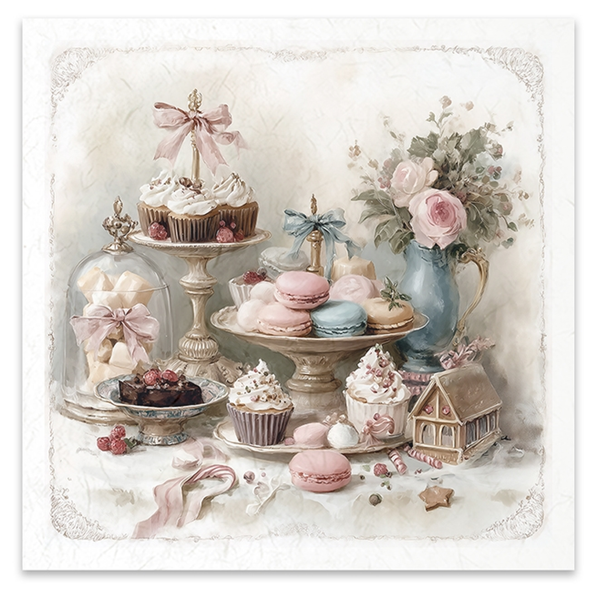 Image of candies, cakes and cookies on a set table display in shades of pink and blue.