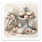 Macarons and cupcakes on display with a gingerbread house and decorative ptichers.