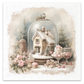 Gingerbread house under a glass cloche with various sweets in pink with roses and bows.
