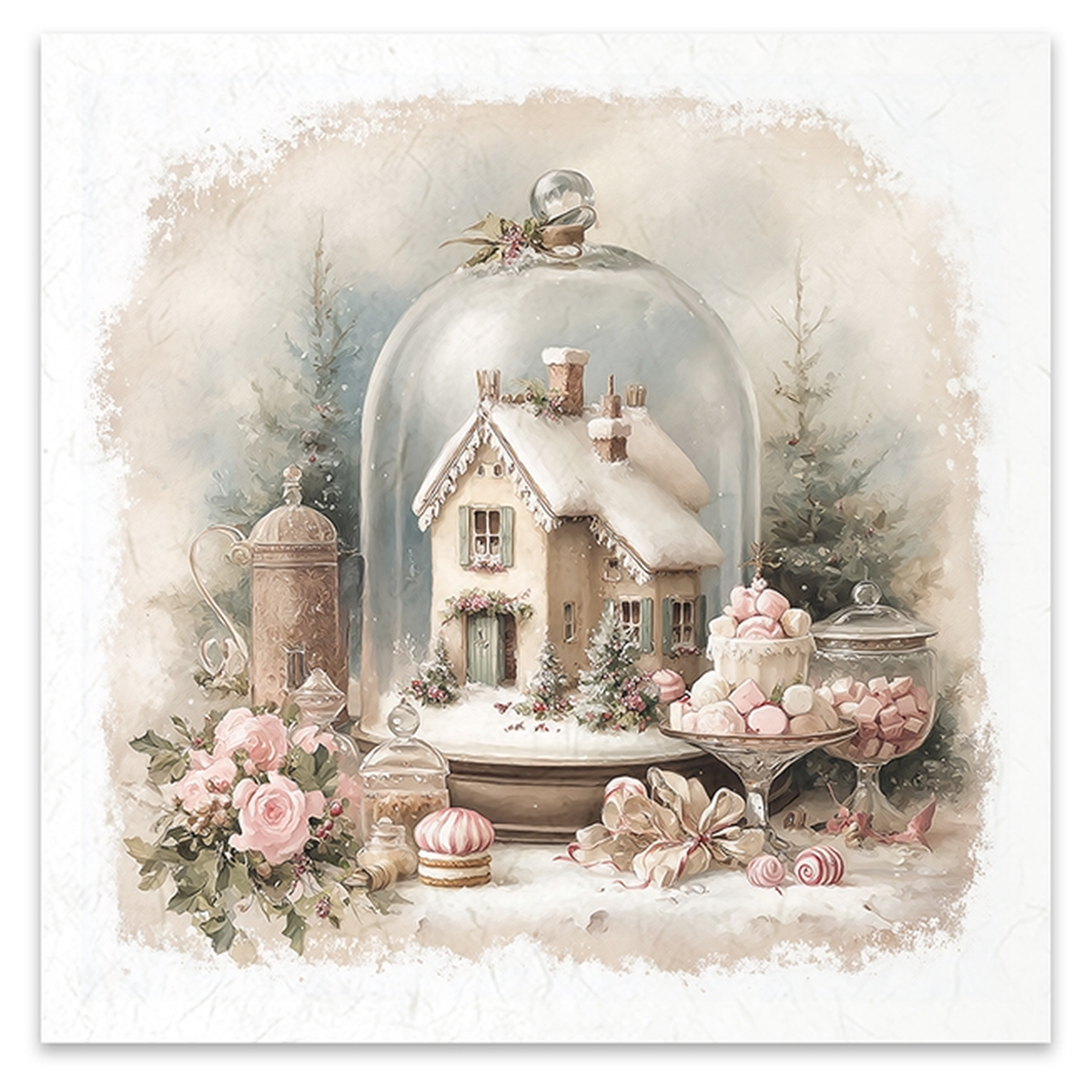 Gingerbread house under a glass cloche with various sweets in pink with roses and bows.