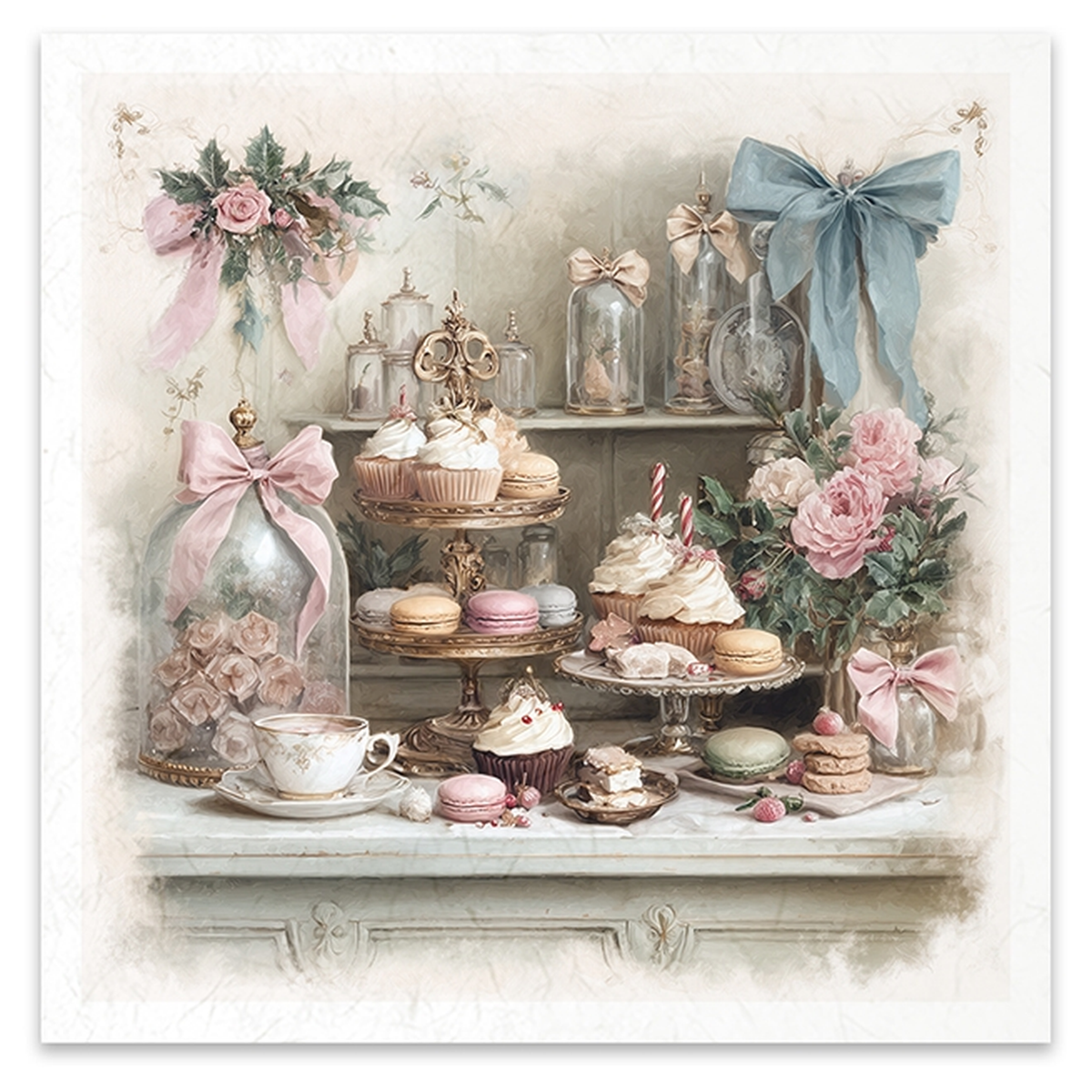 Cupboard sweets display with macarons tiered plates with cupcakes and other treats.
