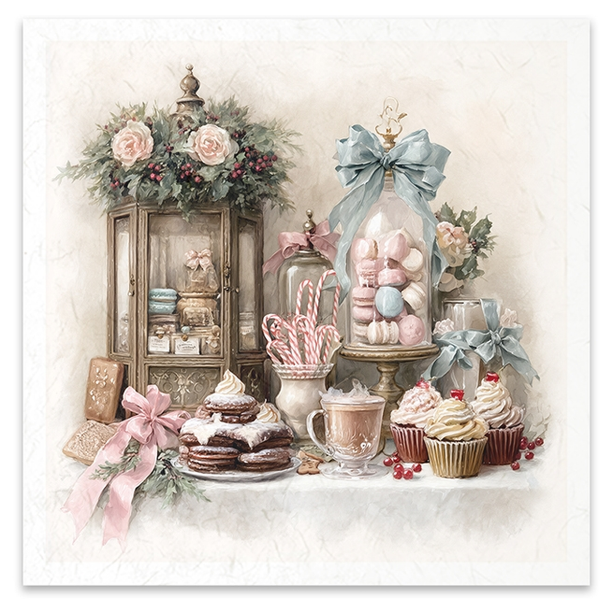 macarons under a glass cloche with a blue bow and a glass display cabinet filled with sweet treats. On a table in the foreground are cupcakes and candy canes.