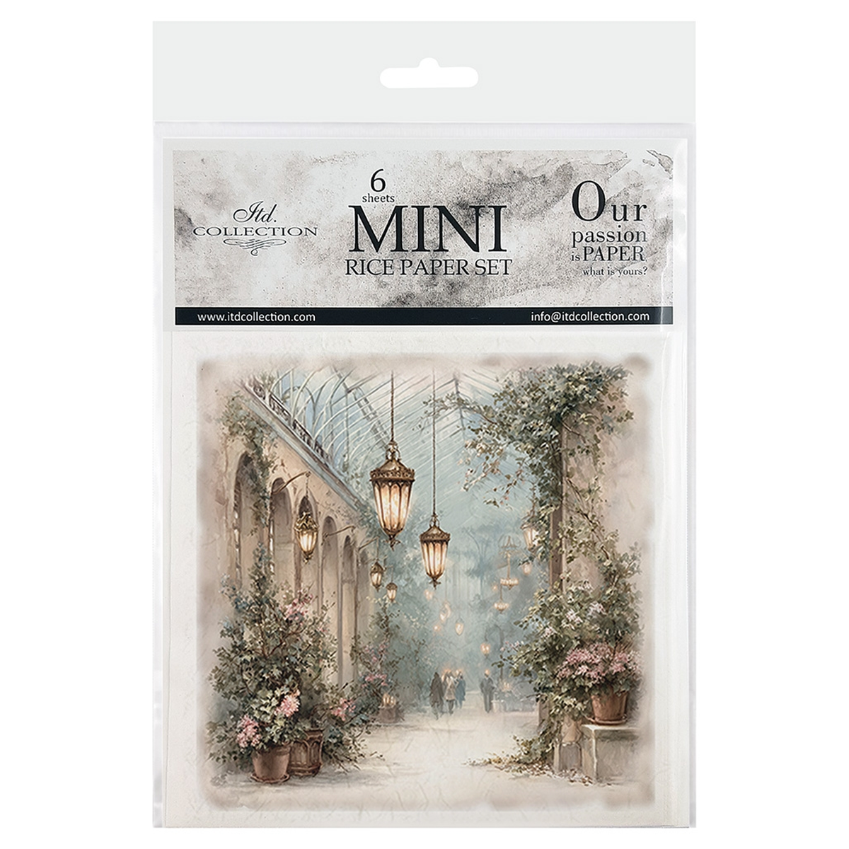 A packaged set of six mini rice paper sheets from ITD Collection, featuring a vintage French garden walkway illustration with hanging lanterns and potted flowers.