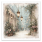Illustration depicting a romantic, softly lit indoor garden walkway with hanging lanterns, potted flowers, arches, and a few distant figures under a glass conservatory-style ceiling.