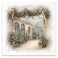 A square illustration of a vintage conservatory interior with arched windows, potted plants, and a floral garland with large ribbon bows at the top, shown against a white background with a textured border.