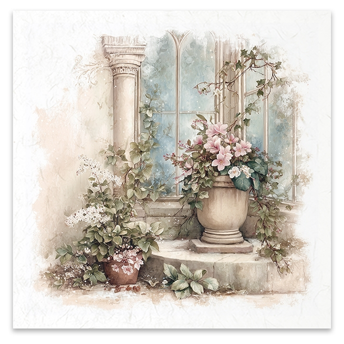 A watercolor-style decorative scene showing a classical stone window with a large urn filled with pink flowers and green vines, plus smaller flower arrangements and a column against a soft cream background.