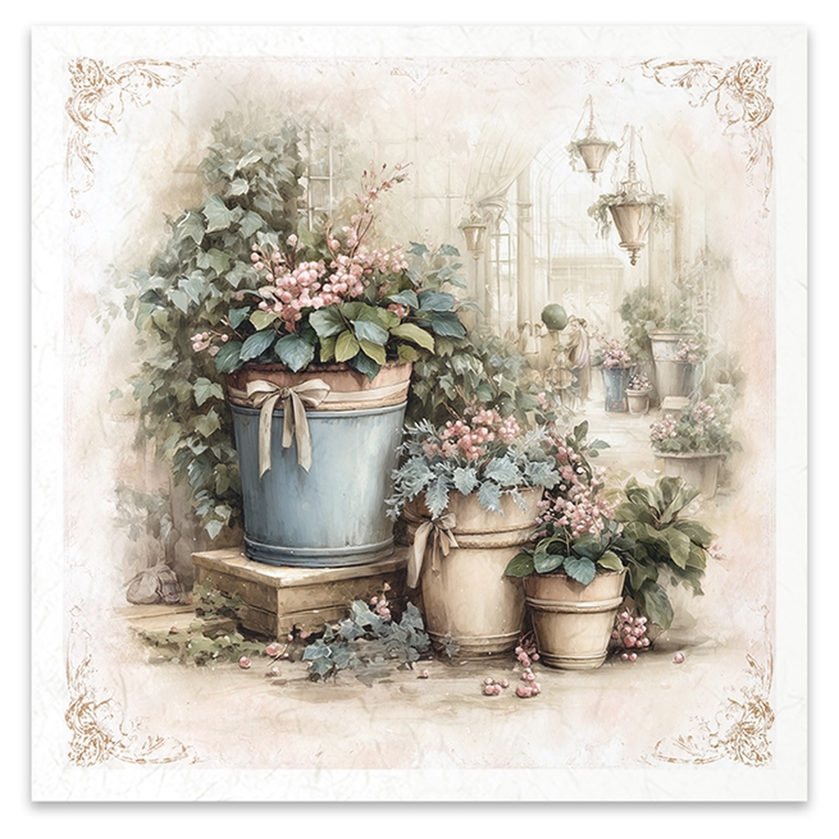 Illustration featuring a vintage-style illustration of potted plants and flowers in soft pastel tones, with a white border and ornate corner flourishes.