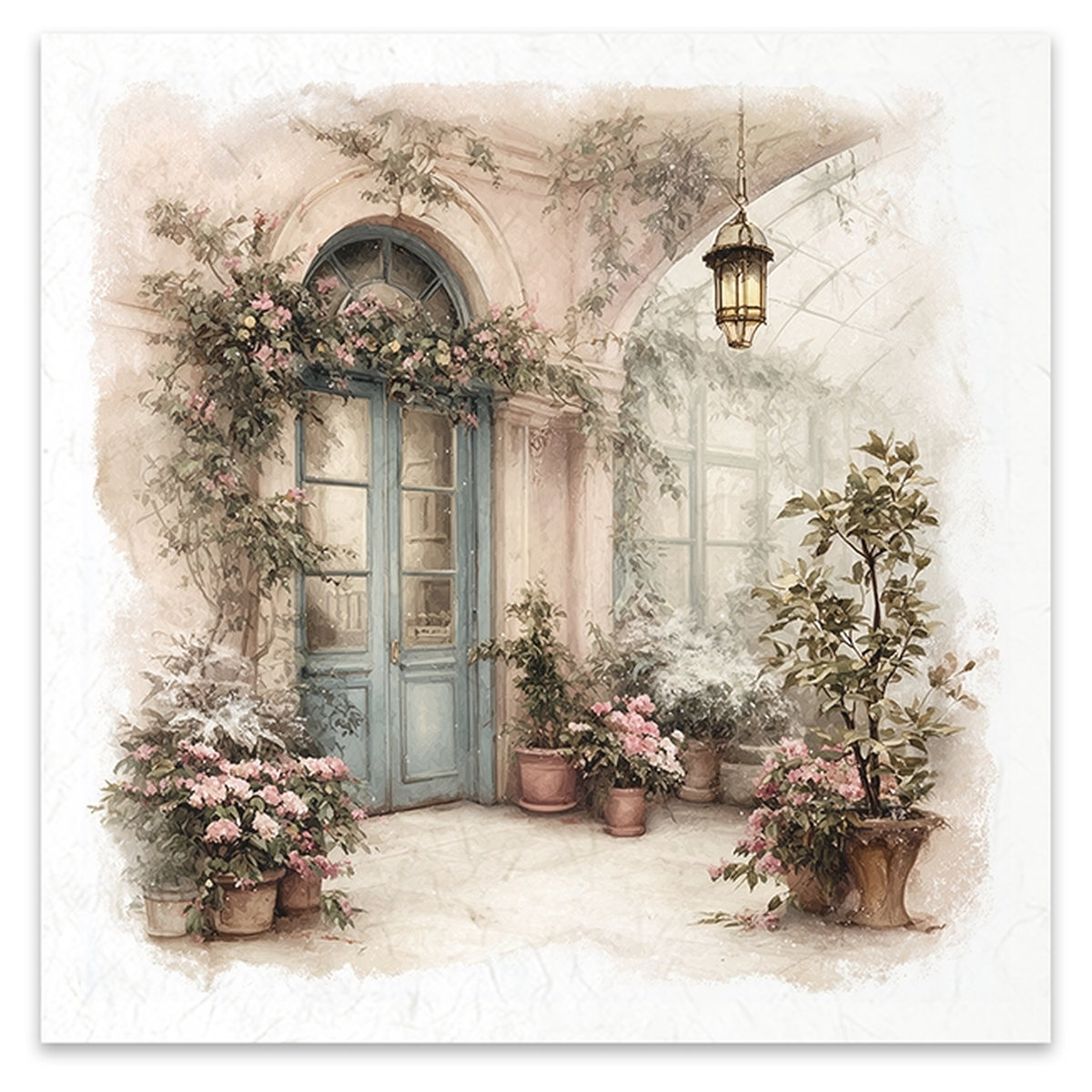 Image featuring a watercolor-style illustration of a sunlit conservatory corner with a blue door, hanging lantern, and potted plants and flowers.