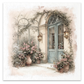 Image featuring a watercolor-style illustration of a quaint French courtyard with a blue door, climbing vines, and potted pink flowers.