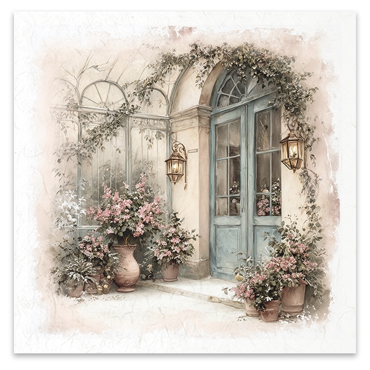 Image featuring a watercolor-style illustration of a quaint French courtyard with a blue door, climbing vines, and potted pink flowers.