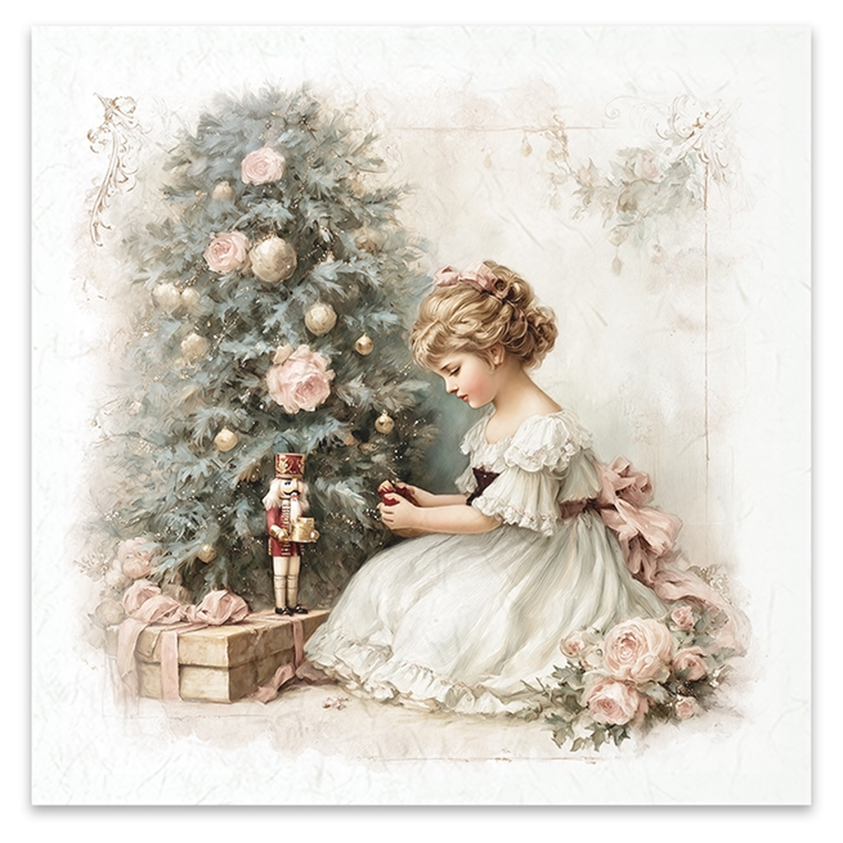 Vintage-style Christmas illustration featuring a young girl in a white dress kneeling beside a decorated tree, with roses, a nutcracker, and wrapped gifts in a soft cream background.