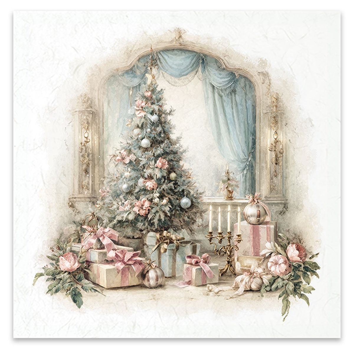 Illustration of a Christmas tree with gifts against a curtain draped theater curtain background.
