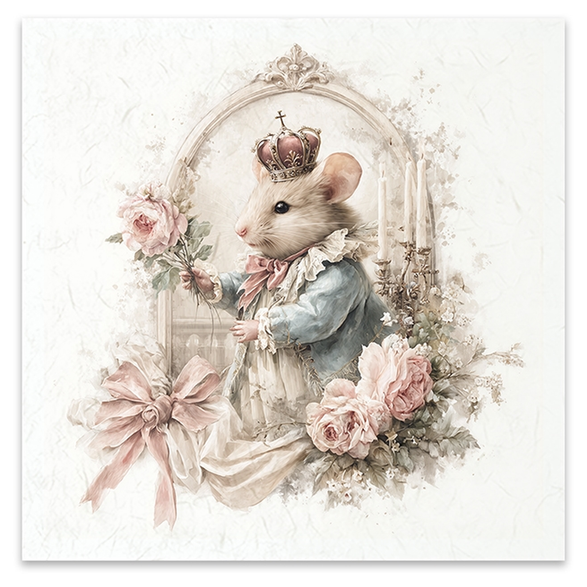 A mouse king in period clothing with a candleabra against a vintage style frame with pink roses.