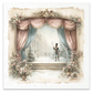 A vintage style curtain draped theater stage with a nutcracker prince holding a sword with a period snowy village scene in the backdrop.