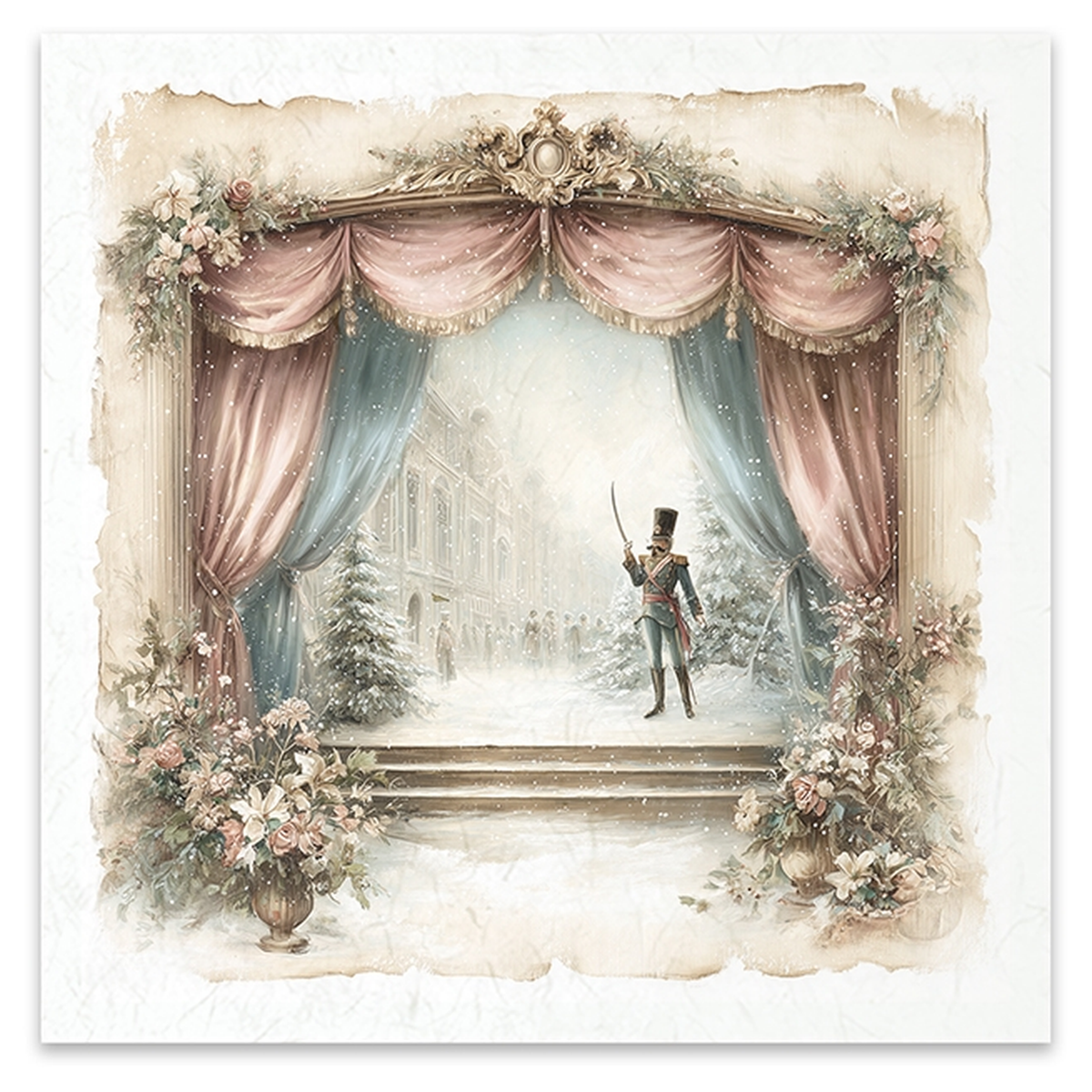 A vintage style curtain draped theater stage with a nutcracker prince holding a sword with a period snowy village scene in the backdrop.
