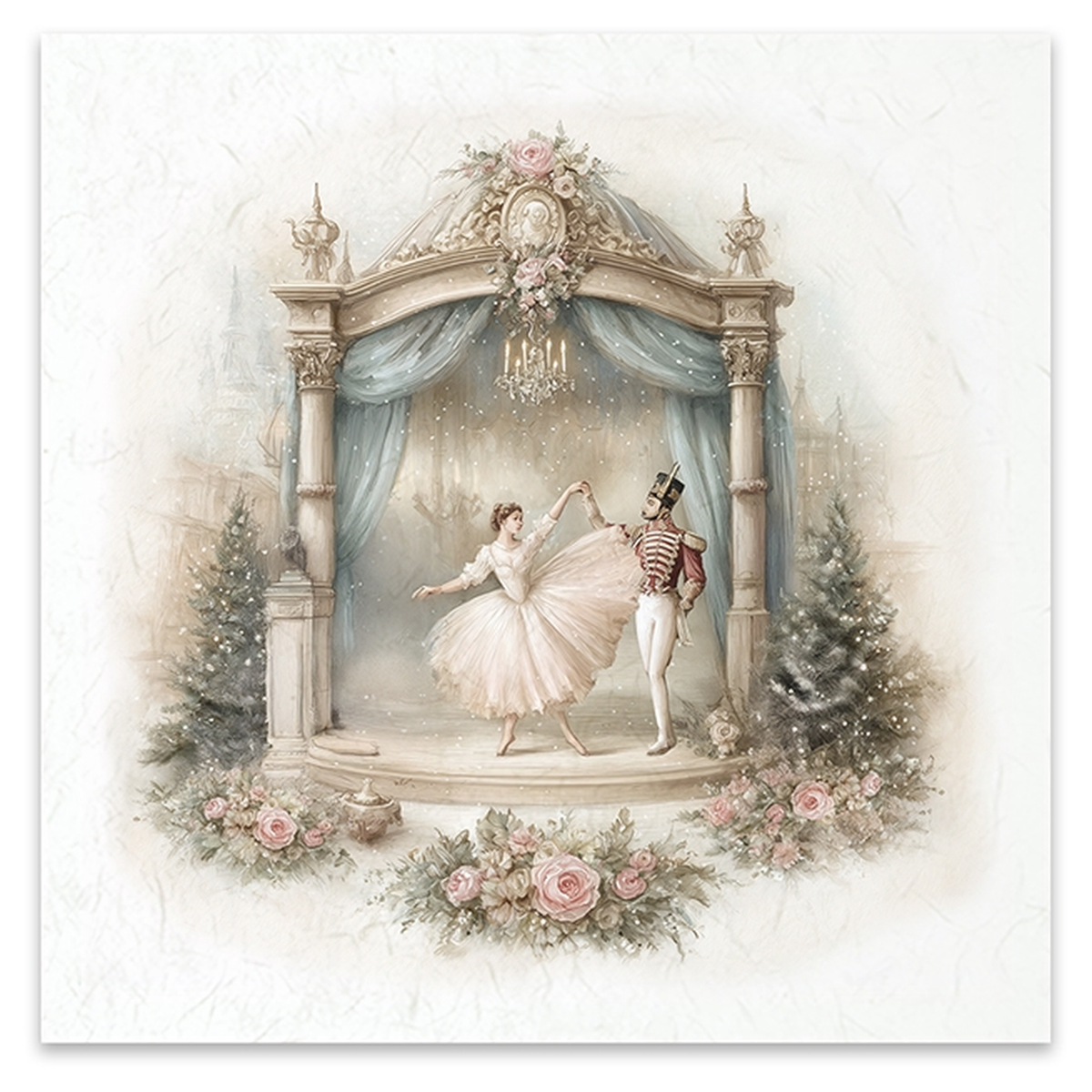 A vintage curtain scen with a nutracker prince dancing with a ballerina.