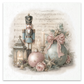 A vintage-style Christmas illustration featuring a nutcracker, a lantern, candles, ornaments, and a large decorated sack with a pink ribbon, arranged on a soft cream background with sheet music behind it.
