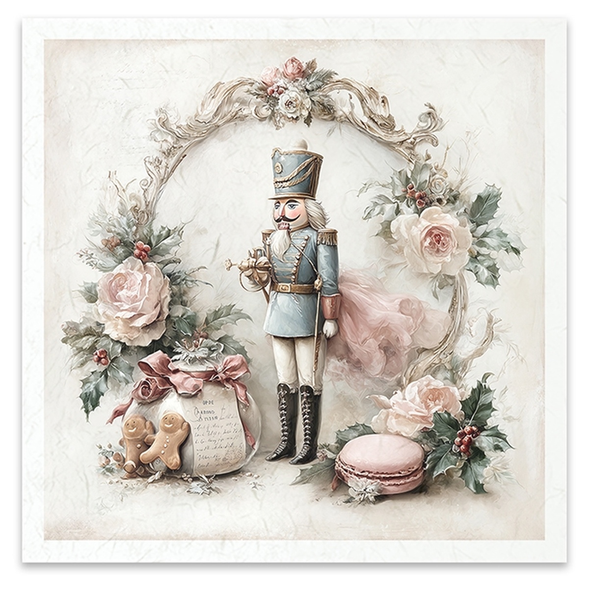 Illustration of a toy soldier framed by pink roses, flourishes and sweet treats.