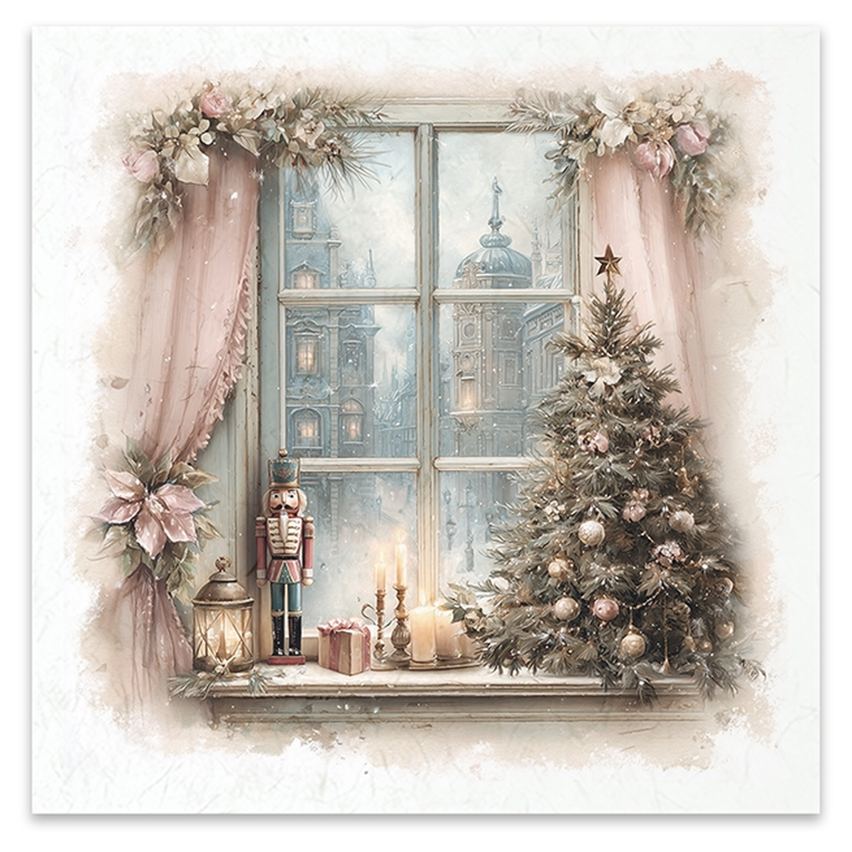 Illustration of an interior window with pink curtains with a nutcracker and Christmas tree on the sill. Looking outside to the street are european style buildings in the background.