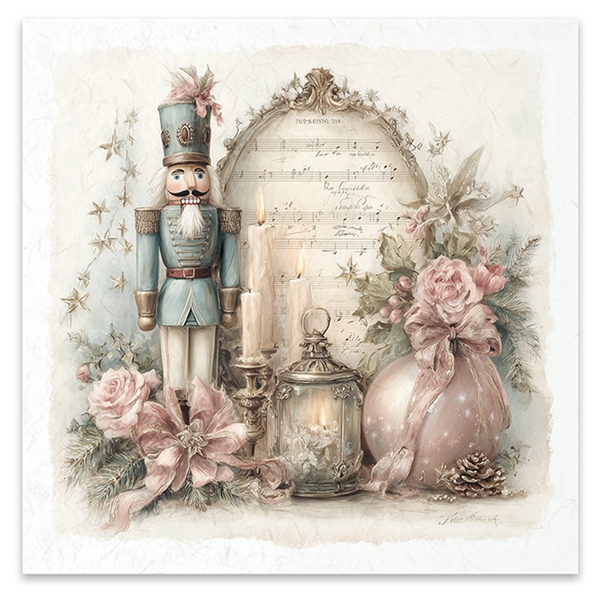 Illustration of a collection of a lantern, Christmas ornament and nutcracker and lit candles againset a framed sheet music background.