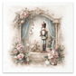 Illustration of a vintage style stage with drawn curtains with a nutcracker and christmas ornaments hanging, with pink rose bouquets framing the image.
