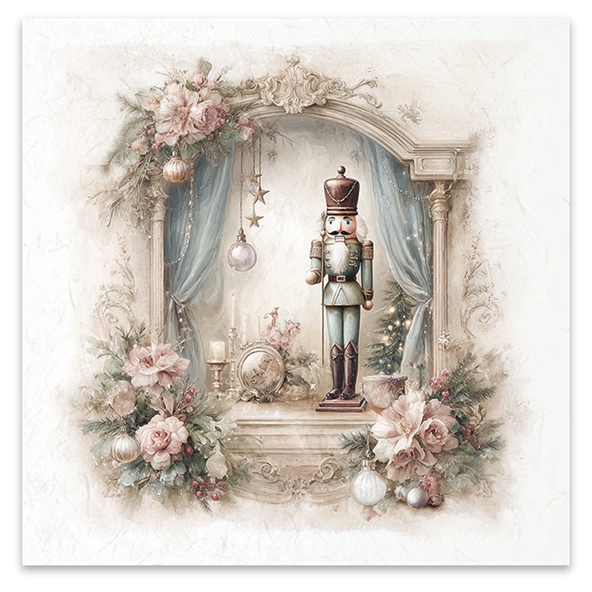 Illustration of a vintage style stage with drawn curtains with a nutcracker and christmas ornaments hanging, with pink rose bouquets framing the image.
