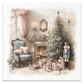 Illustration of a cozy livingroom decoated for Christmas, with a blue chair, fireplace, and decorated chrisetmas tree with gifts and a nutcracker beneath it.