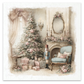Illustration of a living room scene with a Christmas tee, nutcracker and gifts with pink rose garlands decorating the mantel.