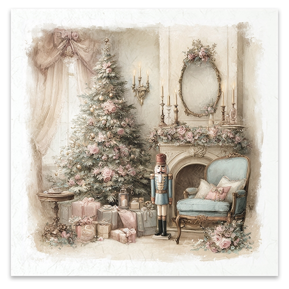 Illustration of a living room scene with a Christmas tee, nutcracker and gifts with pink rose garlands decorating the mantel.