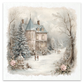Vintage style Illustration of a victorian house on a snowy road with people walking, framed by trees, and pale roses.
