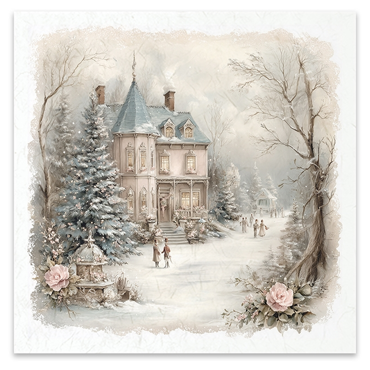 Vintage style Illustration of a victorian house on a snowy road with people walking, framed by trees, and pale roses.