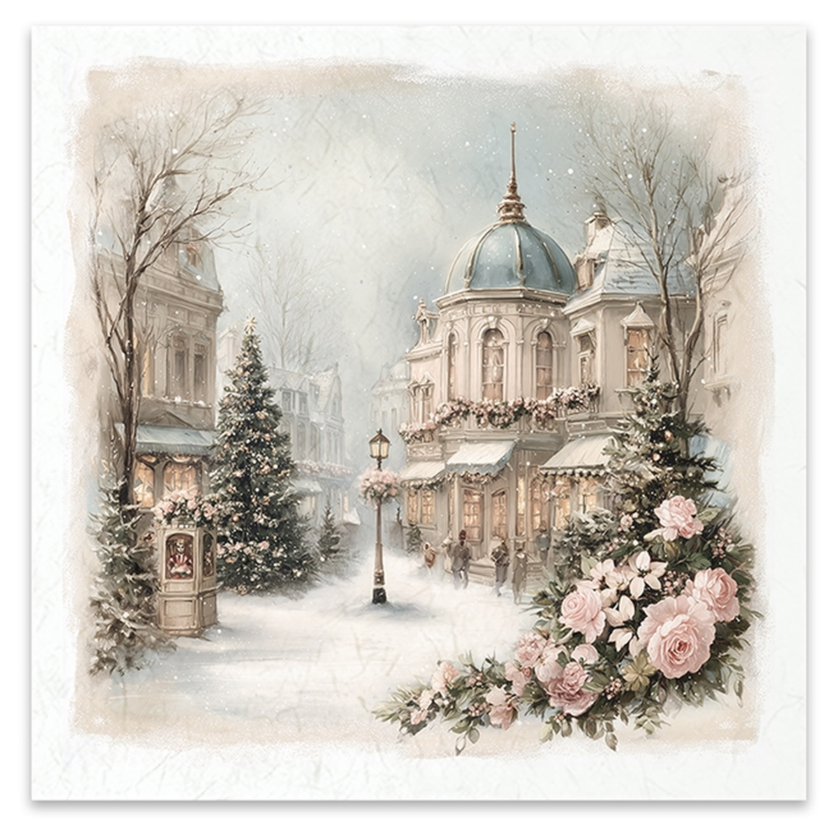 Illustration of a victorian town center with a snowy path and shops, framed by a bouquet of pink roses.