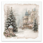 Illustration of a victorian period town center with shops and people on a snowy day with snowy evergreens in the foreground.