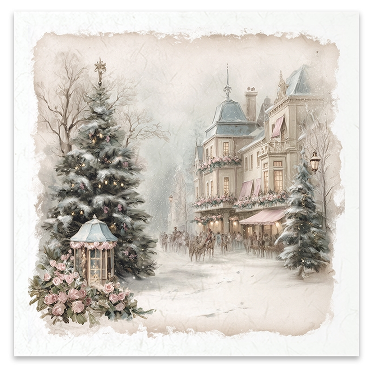 Illustration of a victorian period town center with shops and people on a snowy day with snowy evergreens in the foreground.