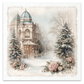 Illustration of a corner in a victorian town with a building decorated with Christmas lights on a snowy street, framed by pink rose garlands.