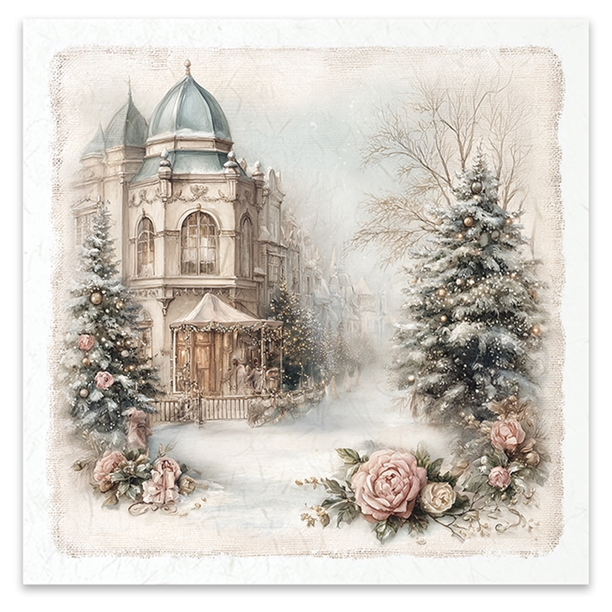 Illustration of a corner in a victorian town with a building decorated with Christmas lights on a snowy street, framed by pink rose garlands.