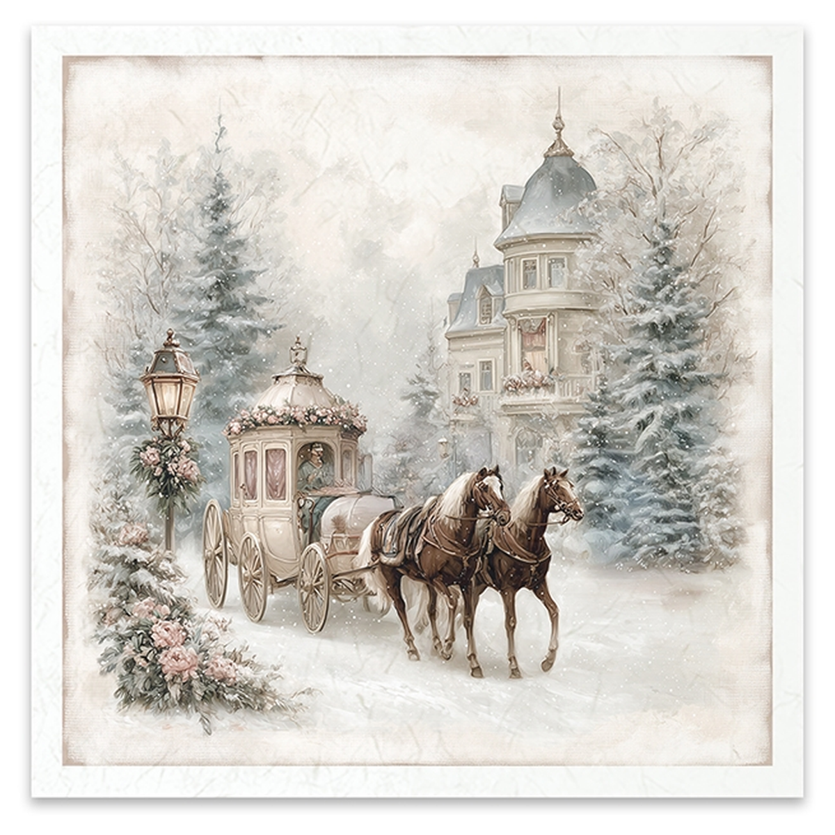 Illustration of a victorian period horse and ornate carriage decorated with pink rose garlands being driven on a snowy path with evergreens and a victorian syle house in the background.